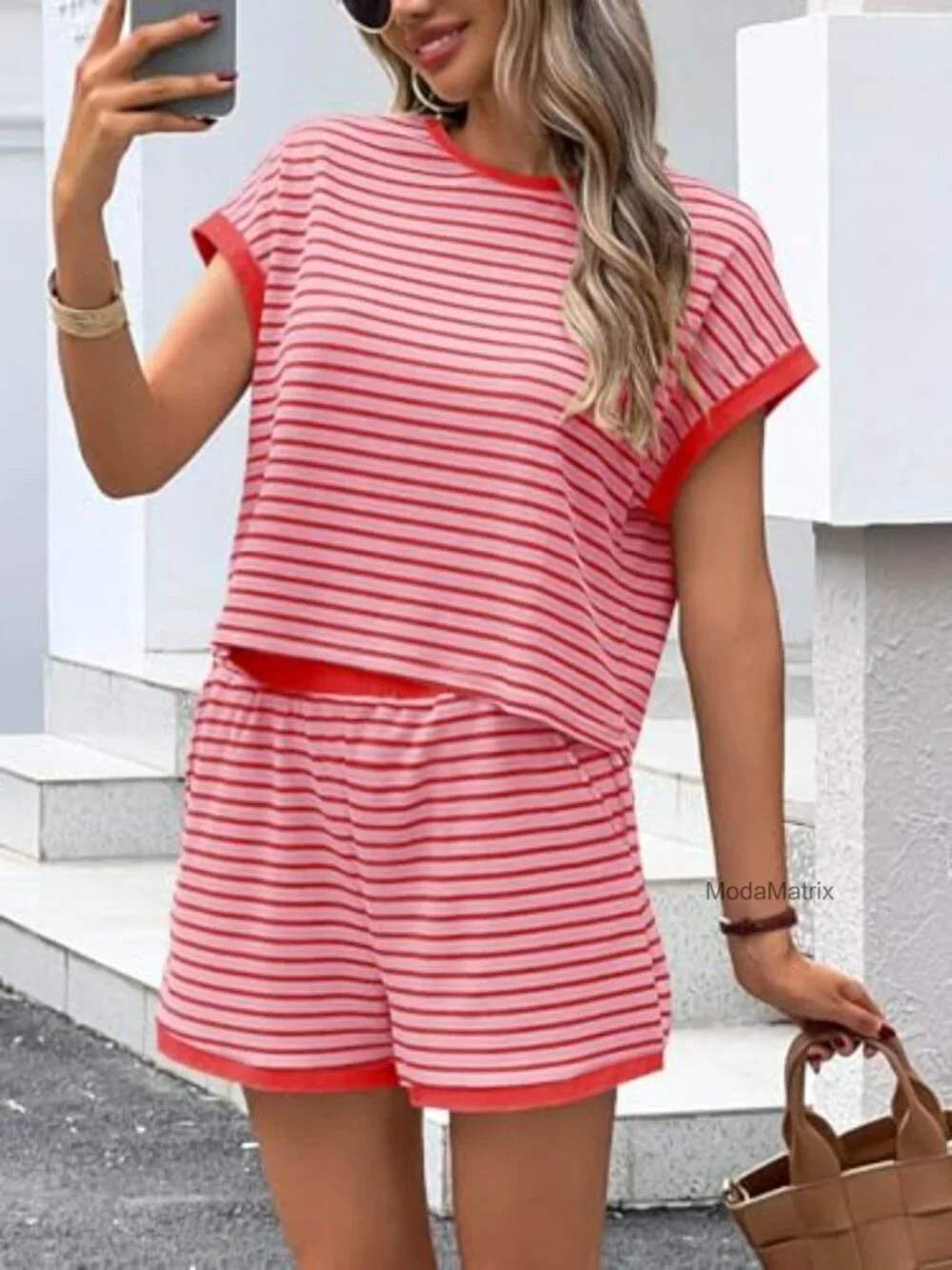 Women's Striped Lounge Set 2 Piece Short Sleeve Top & Shorts